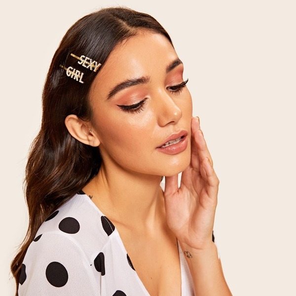 

Pearl Decorated Letter Tape Hair Clip 2pcs, Gold