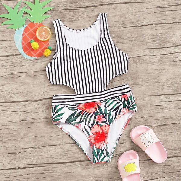 

Girls Random Tropical & Striped Print Monokini