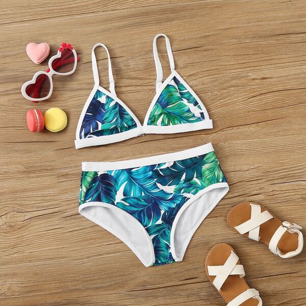 

Girls Random Jungle Print Triangle Bikini Set, Green