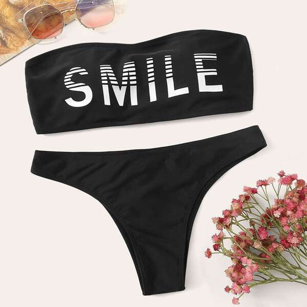 

Letter Print Bandeau Bikini Set