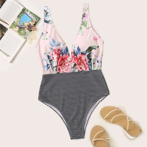 

Random Floral & Striped Spliced One Piece Swimsuit, Multicolor