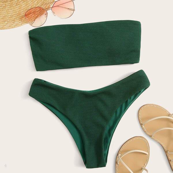 

Rib-knit Bandeau With High Cut Bikini Set