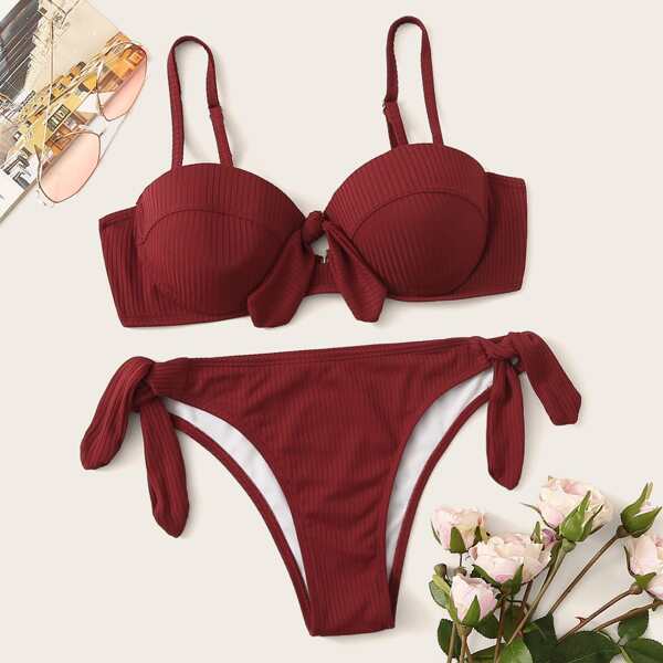 

Rib-knit Underwired Top With Tie Side Bikini Set, Burgundy