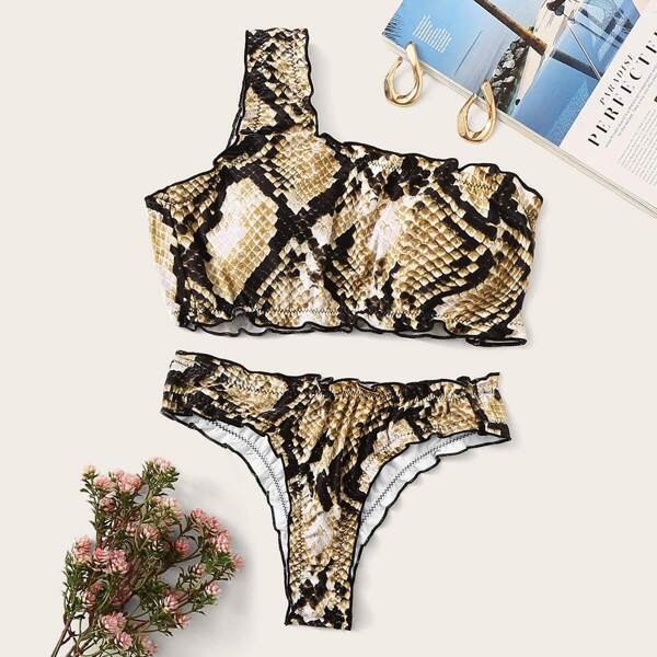 

Snakeskin Lettuce Trim One Shoulder Bikini Set