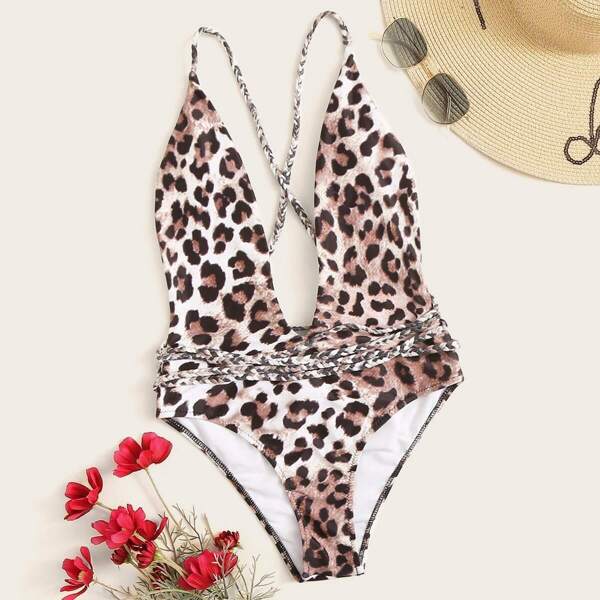 

Leopard Braided Criss Cross Backless One Piece Swimwear