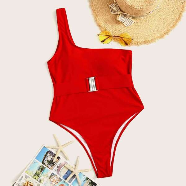 

One Shoulder Buckle One Piece Swimsuit