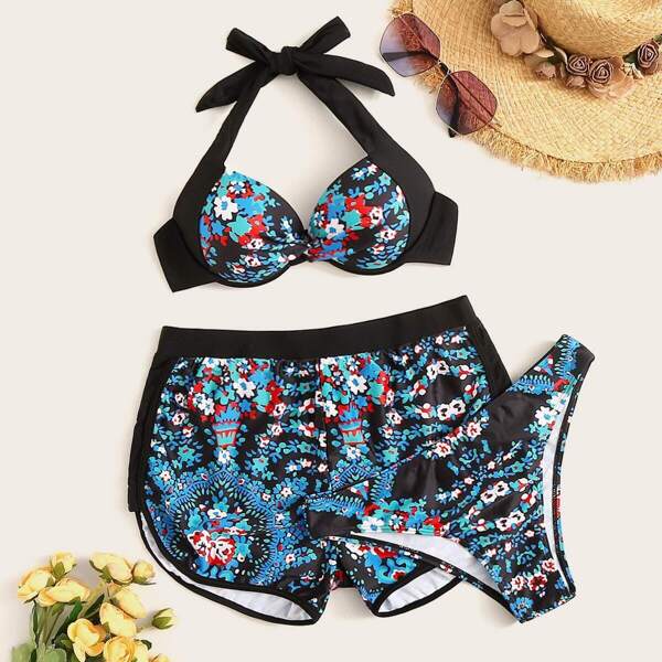 

Floral Twist Underwired Halter Bikini Set With Shorts 3pack, Multicolor