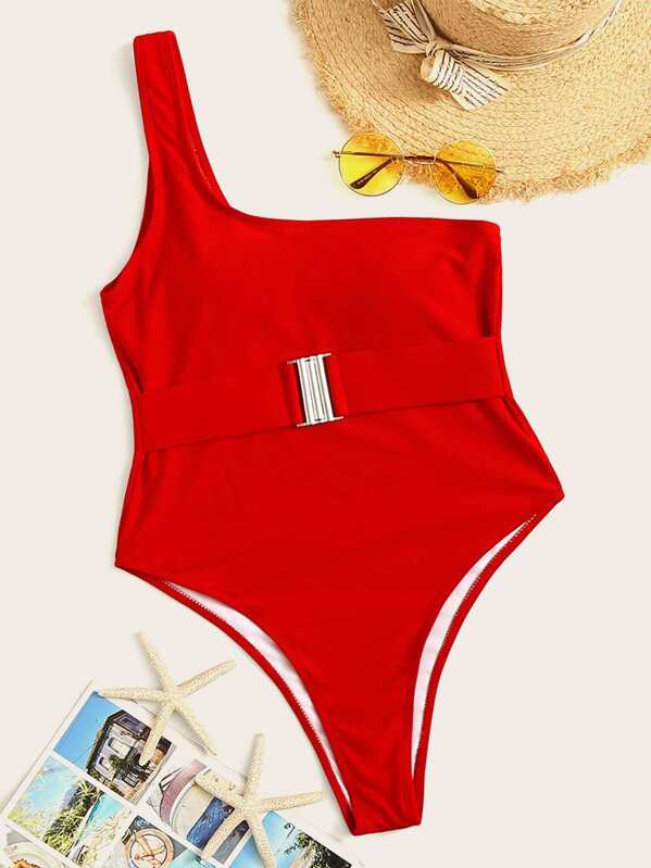 

One Shoulder Buckle One Piece Swimsuit, Red