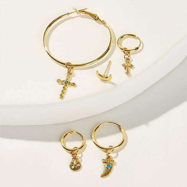 

Moon & Cross Decor Oversized Hoop Drop Earring 5pcs