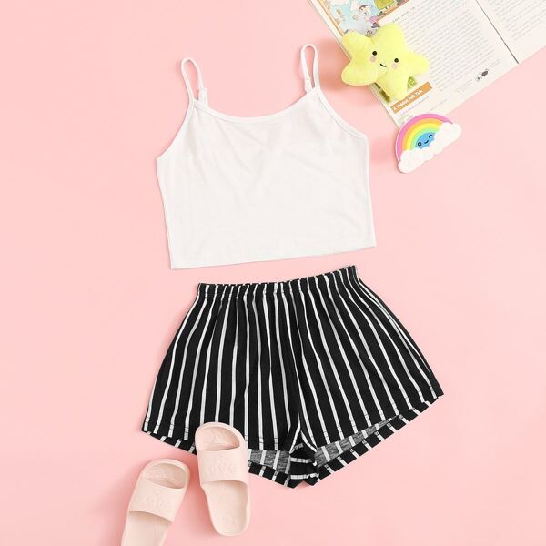 

Girls Cami Top & Striped Shorts PJ Set, Black and white