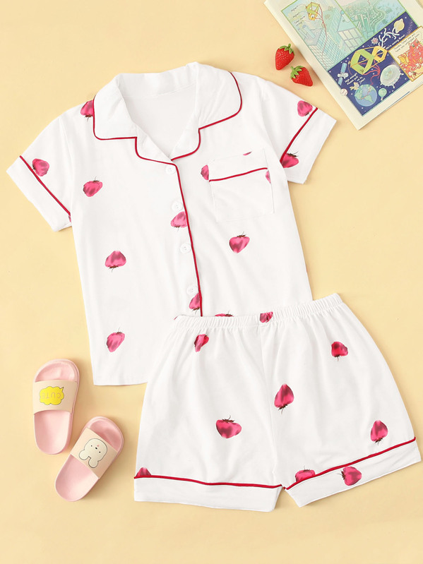 

Girls Strawberry Print Button-up Pajama Set, White