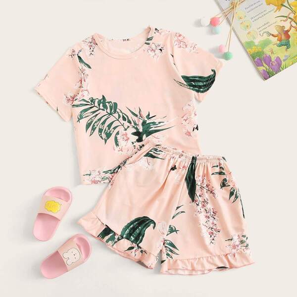 

Girls Floral & Leaf Print Ruffle Pajama Set, Multicolor