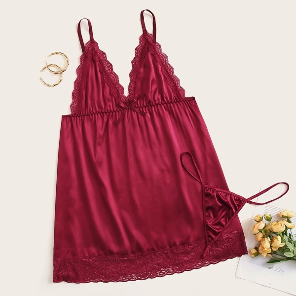 

Plus Crochet Trim Satin Slips With Thong