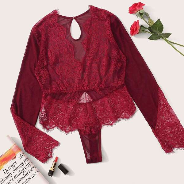 

Plus Floral Lace Sheer Teddy Bodysuit, Red