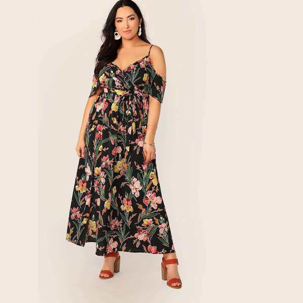 

Plus Cold Sleeve Botanical Print Belted Split Dress
