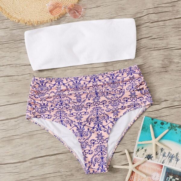 

Plus Rib Bandeau With Ruched Bikini Set, Multicolor