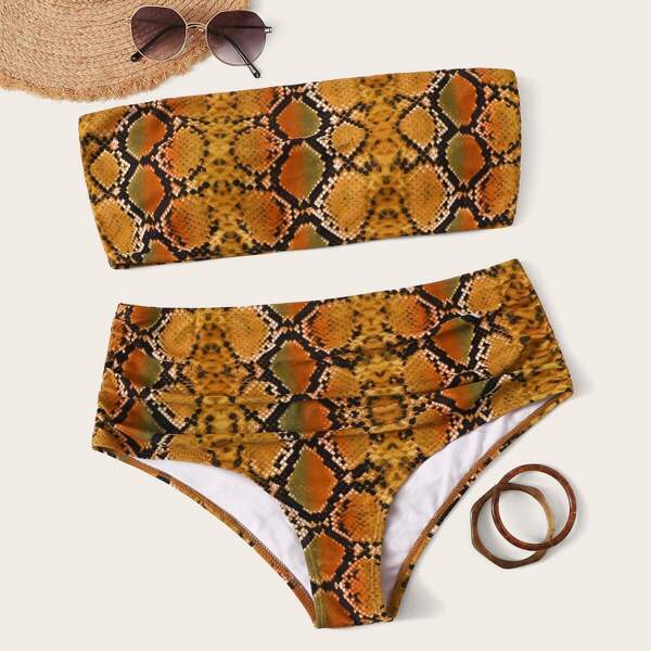 

Plus Snakeskin Bandeau With Ruched Bikini Set