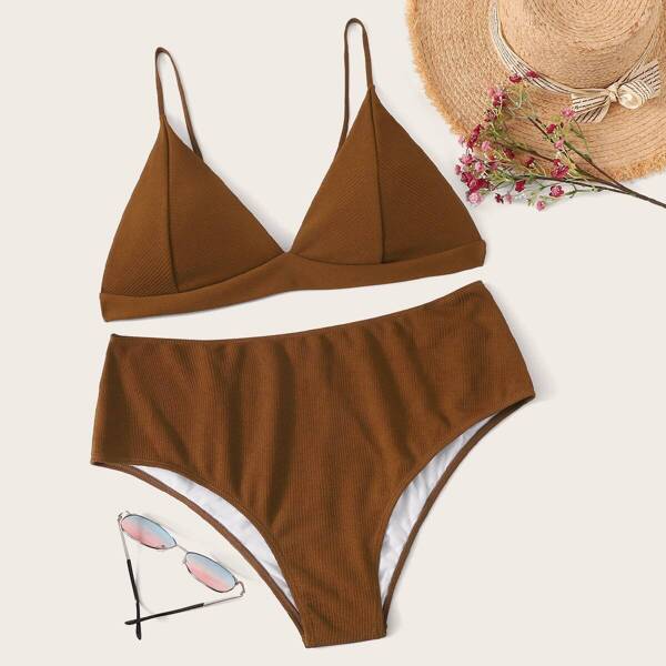 

Plus Rib Triangle Top With High Waist Bikini, Brown