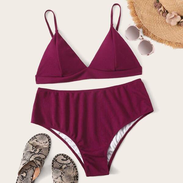 

Plus Rib Triangle Top With High Waist Bikini, Burgundy