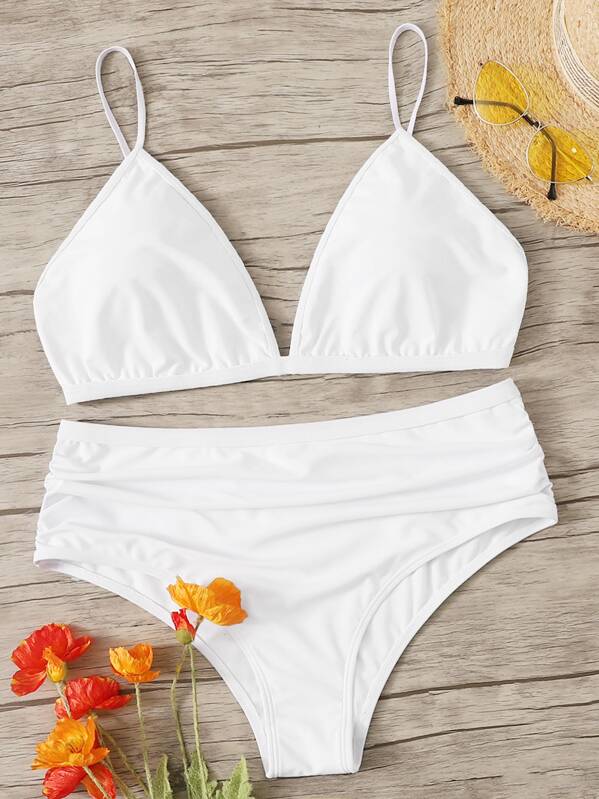 

Plus Triangle Top With Ruched Bikini Set, White