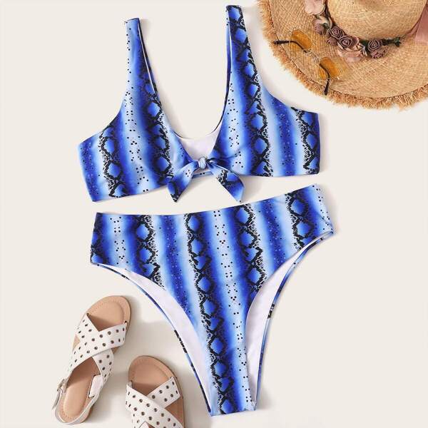 

Plus Snakeskin Knot Front Top With High Cut Bikini Set