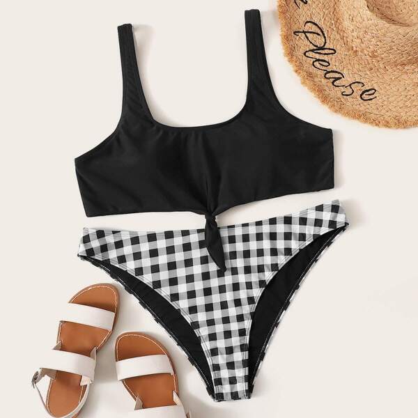 

Plus Tie Front Top With Gingham Bikini Set, Black and white