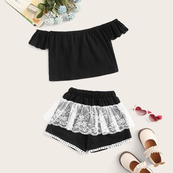 

Toddler Girls Bardot Top & Contrast Lace Shorts Set, Black