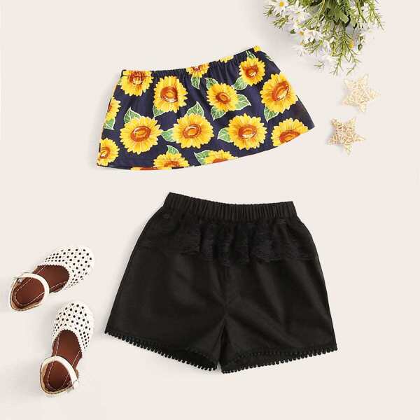 

Toddler Girls Sunflower Print Top & Lace Trim Shorts Set, Multicolor