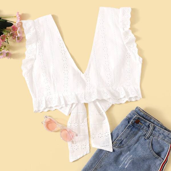 

Eyelet Embroidery Tie Back Crop Blouse, White
