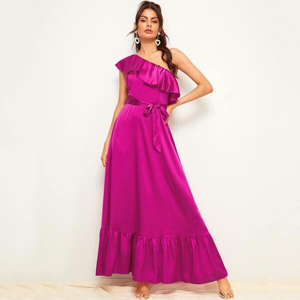 

One Shoulder Flippy Hem Belted Maxi Satin Dress