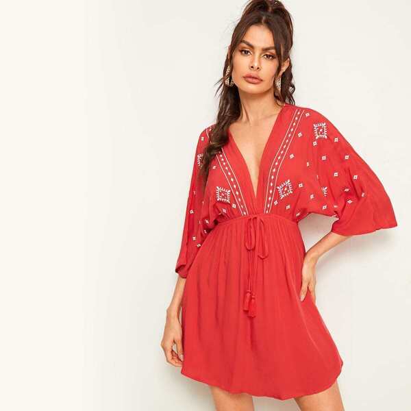 

Deep V Neck Drawstring Waist Tribal Dress