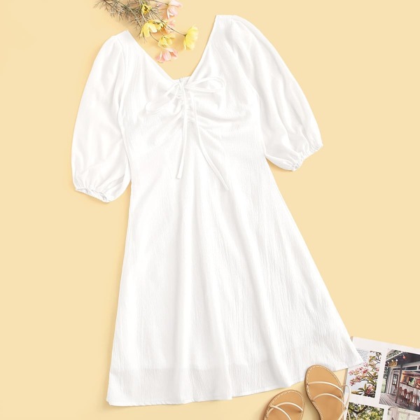 

Solid Drawstring Front Zip Back Trapeze Dress