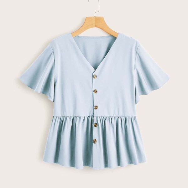 

Plus Button Through Peplum Blouse, Baby blue