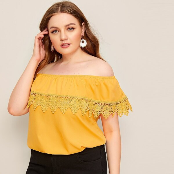 

Plus Lace Trim Off Shoulder Blouse, Yellow