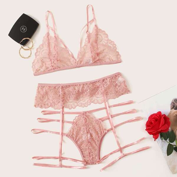 

Floral Lace Garter Lingerie Set, Pink pastel