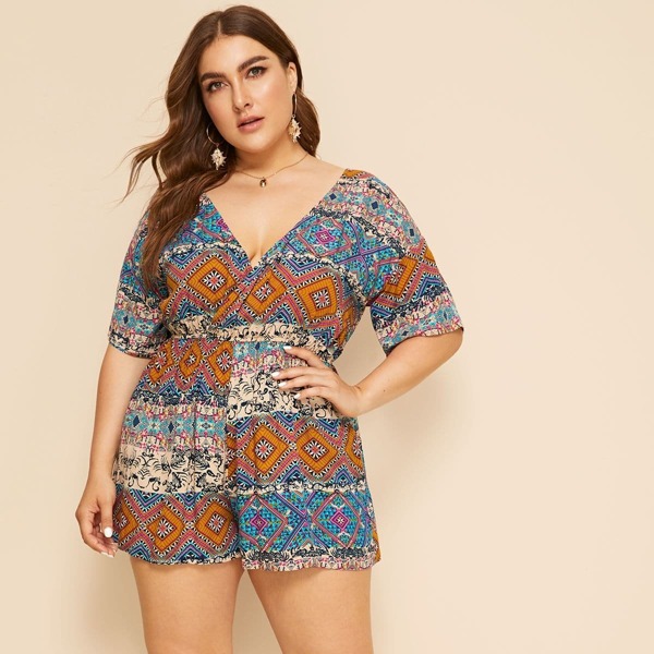 

Plus Tribal Print Deep V Neck Playsuit