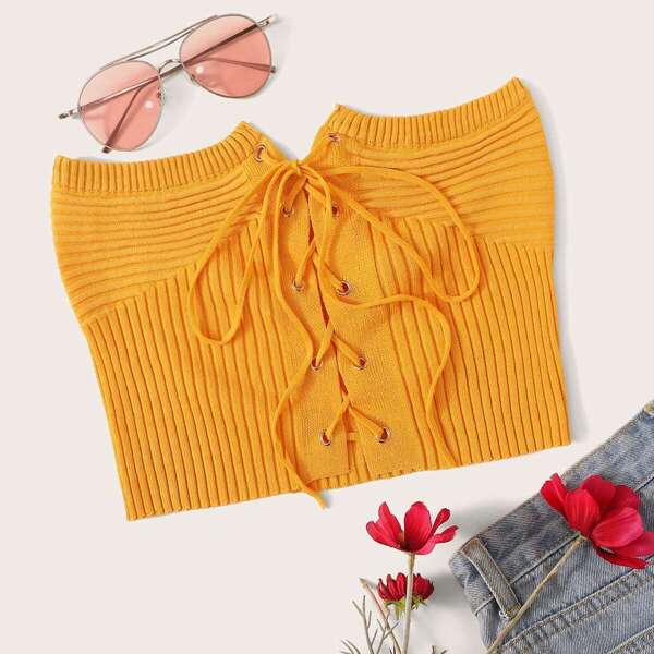 

Grommet Lace Up Knit Crop Tube Top