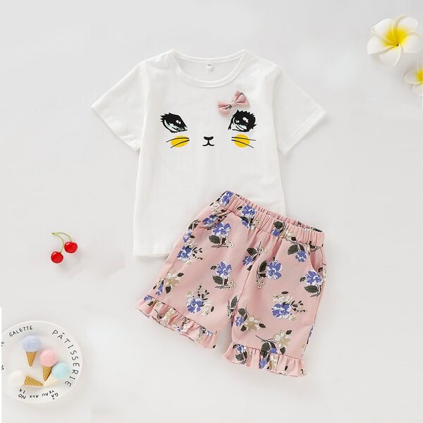 

Toddler Girls Cartoon Print Tee & Floral Shorts