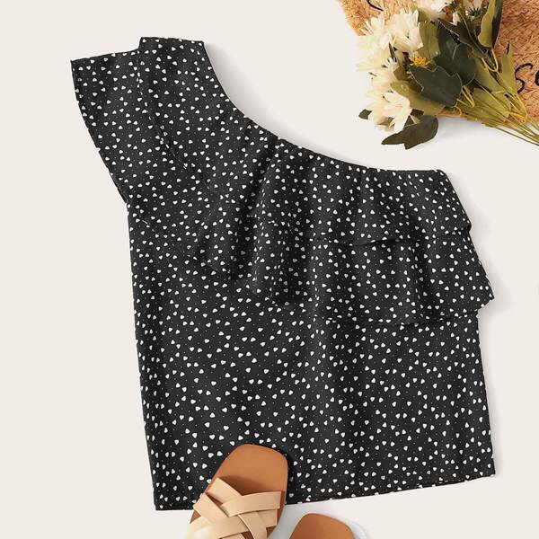 

Confetti Heart Print One Shoulder Blouse