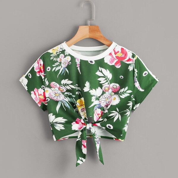 

Floral Print Tie Front Crop Tee