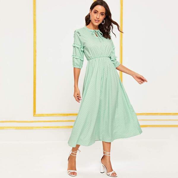 

Polka Dot Print Tie Neck Frill Trim Dress