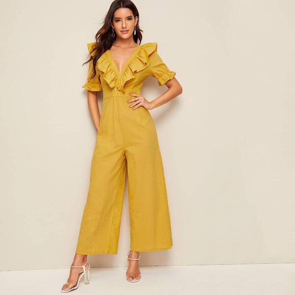 

Plunging Neck Flounce Sleeve Wide Leg Jumpsuit