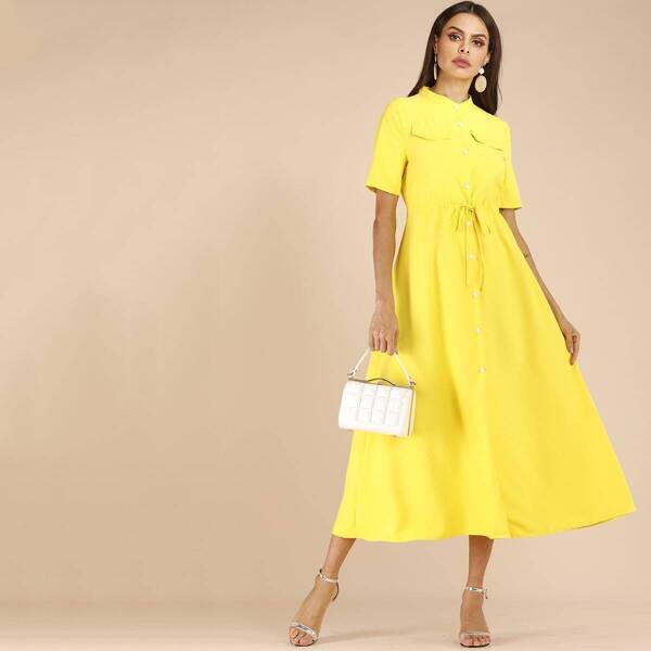 Drawstring Waist Shirt Long Dress, Yellow bright