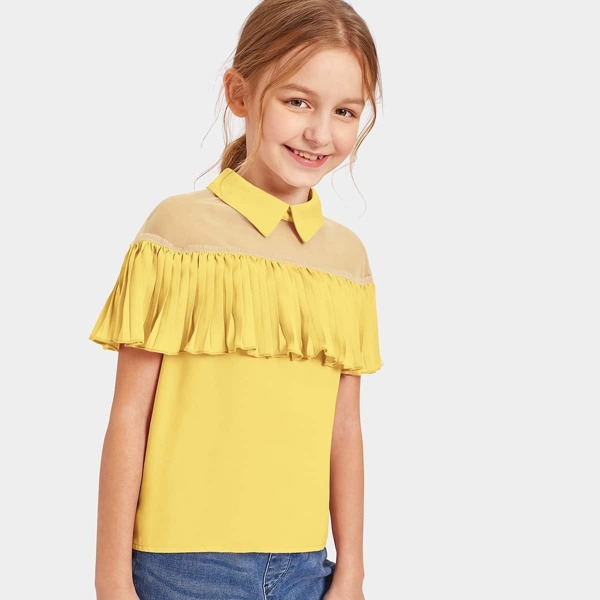 

Girls Mesh Yoke Pleated Ruffle Foldover Top