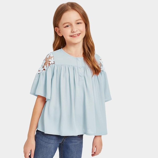 

Girls Buttoned Front Guipure Lace Insert Smock Top, Blue