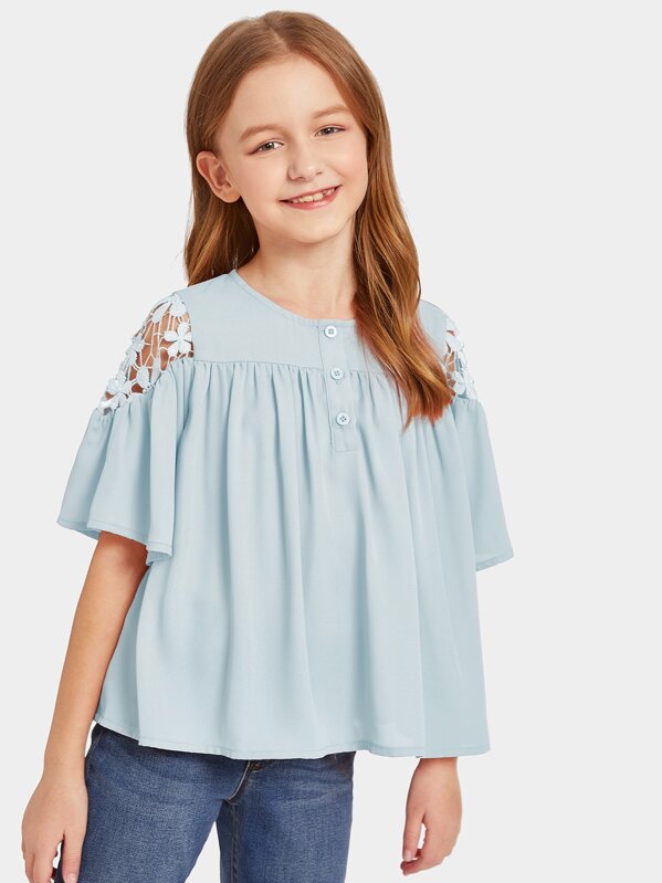 

Girls Buttoned Front Guipure Lace Insert Smock Top, Blue, Sashab