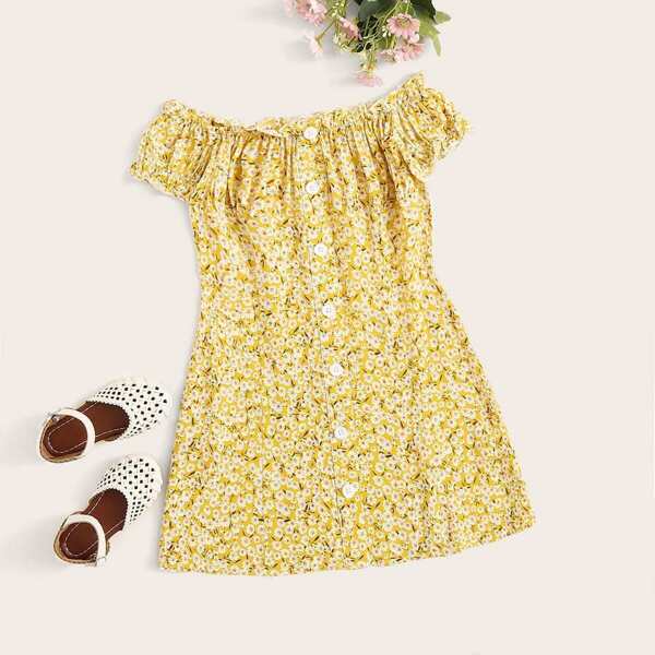 

Girls Ditsy Floral Frill Trim Off Shoulder Dress, Yellow