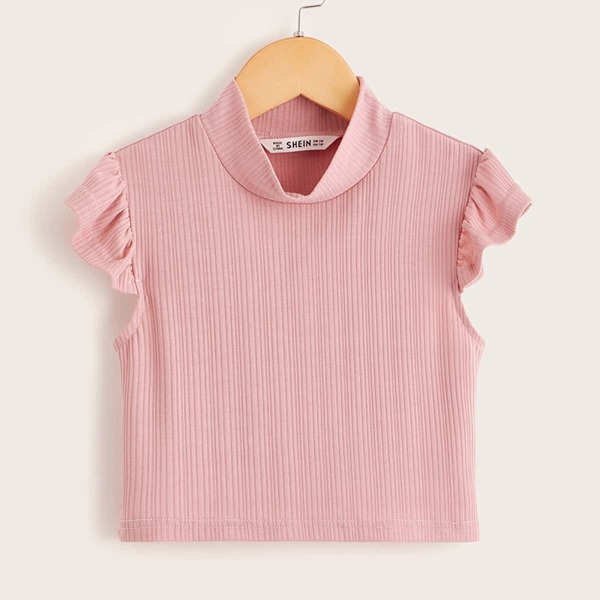 

Girls Mock Neck Ruffle Armhole Rib-knit Top