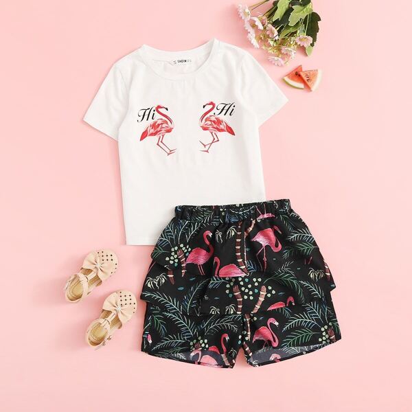 

Girls Flamingo Letter Print Top & Layered Ruffle Shorts Set, Black and white