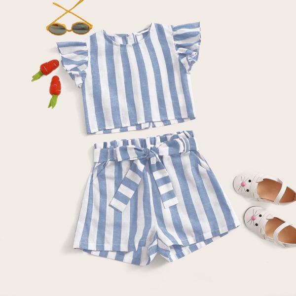 

Girls Ruffle Armhole Striped Top & Belted Shorts Set